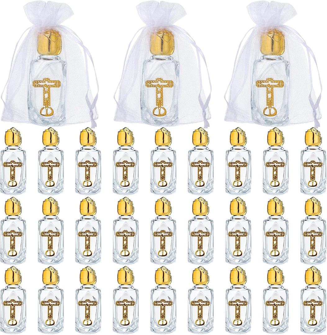 30 Set Holy Water Bottles Catholic Bulk 0.5 Floz Small Embossed Glass Gold Empty Holy Water Bottle with Cross Organza Bag Spiritual Favor for First Communion Church Baptism Party(Catholic)
