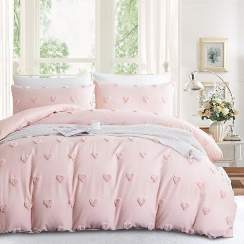 Nayoroom Pink Heart Duvet Cover Queen Size Boho Tufted Chenille Cute Heart Textured Comforter Cover 3Pcs Luxury Soft Washed Microfiber Aesthetic Bedding Set with Zipper Closure for All Season