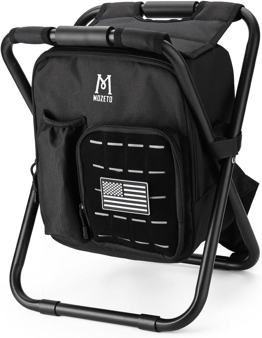 MOZETO Backpack Stool Cooler Chair with Molle Pocket and American Flag Patche, Portable Folding Fishing Stool for Outdoor Walking Hiking Camping (Black)