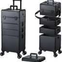 Rolling Makeup Case Makeup Train Case with Lid 5 in 1 Cosmetology Case on Wheels Cosmetic Trolley Organizer Large Makeup Organizers Case Profesional Cosmetic Case for Salon Barber Nail Beauty, Black