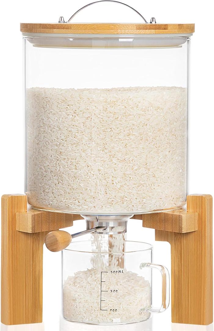 HBlife 8 lbs Glass Rice Dispenser with Wooden Stand Flour and Cereal Container with Glass Measuring Cup Pantry Food Organization Storage Bin with Airtight Bamboo Lid, 5L (5L)