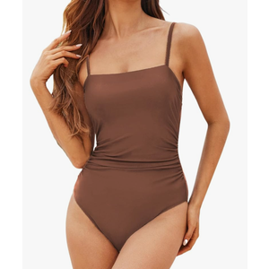 CUPSHE Women Swimsuit One Piece Bathing Suit Square Neck Cutout Back Tummy Control with Adjustable Spaghetti Strap, size M, Chestnut Brown