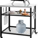 Stainless Steel Outdoor Grill Cart Pizza Oven Stand Trolley Table with Wheels Three-Shelf Movable Food Prep and Work Table Heavy Duty Grill Carts Outdoor Cart 31.5"24"35.5" (Silver & Black)