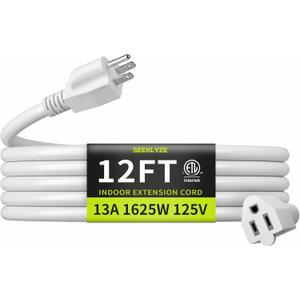 16/3 White Extension Cord 12 FT, Indoor Extension Cord for Laptops, Coffee Makers, Office Home Appliances, 3 Prong Resistant Cable Flexible, 13A 125V 1625W ETL Listed