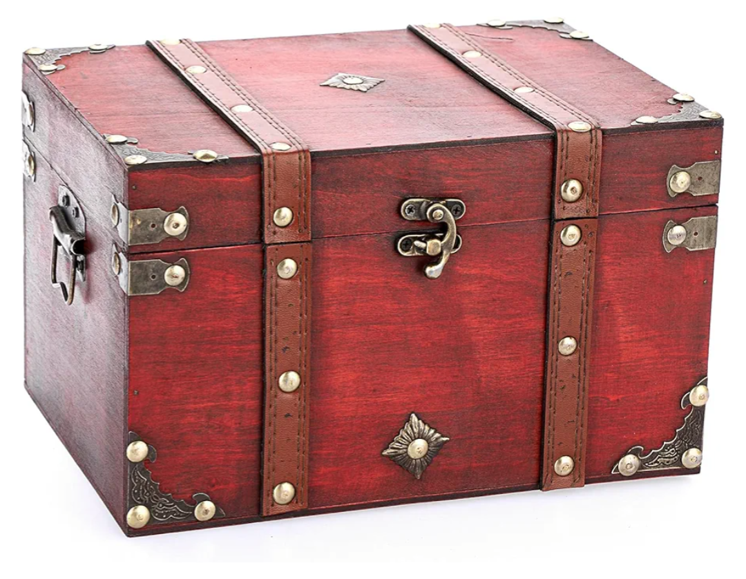 ELLDOO Vintage Treasure Chest, Pirate Keepsakes Box for Gifts, Wooden Storage Box Decorative for Jewelry Pearl Trinkets Cards, M