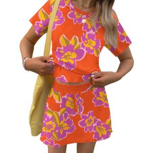 TCOT Pajamas for Women Set Summer Fashion Short Sleeve Crewneck Tops with Skirt Sets Pajama Casual Loungewear (Small, A Orange Purple Floral)