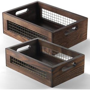 Wooden Countertop Baskets Set of 2 for Kitchen, Pantry|Wall Mount Upgrade with Full Accessories| Rustic Nesting Boxes|Wooden Organizer Crates for Vegetables, Produce, Bread (Walnut)