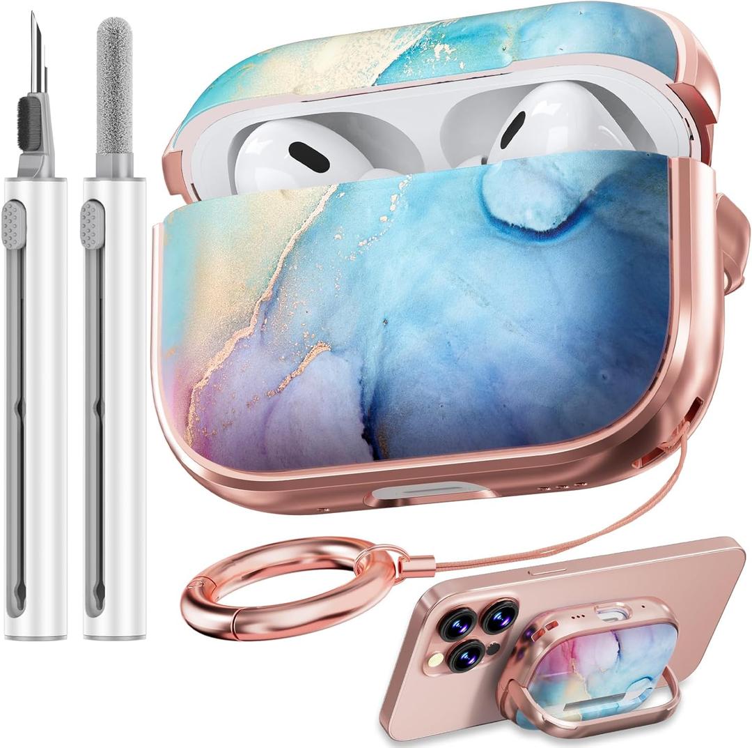 Inesore for AirPods Pro 2nd Generation Case Cover with Lock, Flowers Cute Air Pods Pro 2 Case Hard iPod Pro Cases for Women Girls with Cleaner Kit (2023 USB-C /2022/2019) -Blue Rainbow Gold Marble