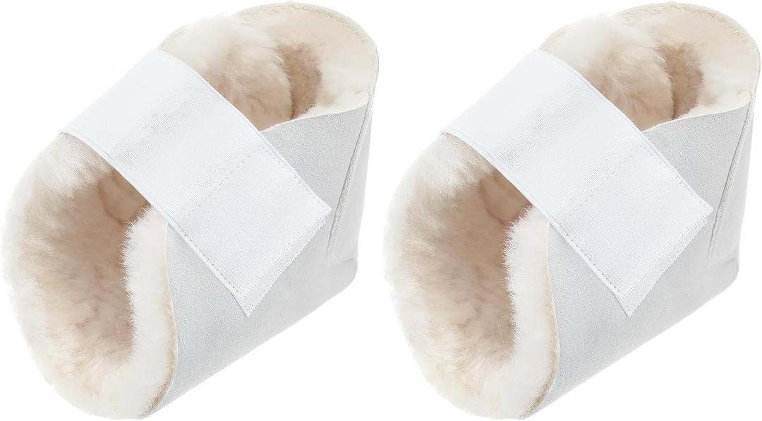 2 Pcs Heel Protectors for Pressure Sores Sheepskin Heel Pads Soft Foot Cushions Pad Heel Protectors Adjustable Foot Pillows with Securing Strap for Bed Sore Ankle Ulcers(White)