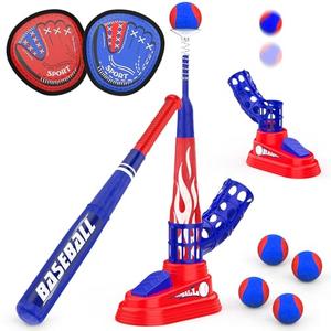 Hepoasky 3-in-1 Kids T-Ball Set for Toddlers 3-5 with Fixed Tee Ball Stand, Baseball Launcher, Toss and Catch Ball Game - Outdoor Sports Toy Gift for Boys and Girls