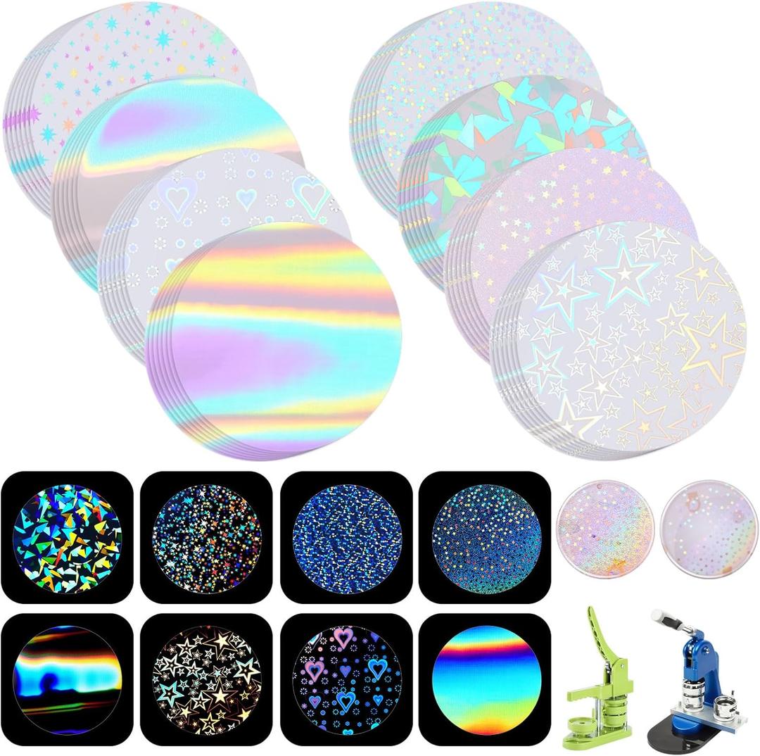 200 Pcs Badge Protective Film 35mm (1.38 in), 8 Styles of Holographic Glitter, Badge Film for 1 Inch 25mm Button Maker Machine, 25mm Button Making Supplies