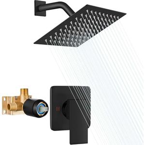 Heyalan 8 Inch Shower Head and Handle Set Square Shower Faucet Set Bathroom Rainfall Shower Faucet Set Stainless Steel Showerhead Single Function Shower Trim Kit,Male Thread Valve,Matte Black Recycled Claim Standard Blended