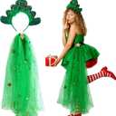 Newcotte 2 Pcs Green Christmas Tree Costume for Women Mesh Skirt Headband Festive Xmas Tree Outfit for Party Cosplay Carnival