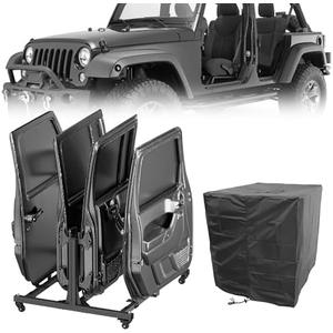 YZONA Door Storage Hanger Brackets Holder with Dust Cover Sliding Rack Bracket Compatible with 1987-2025 Jeep Gladiator JT & Wrangler JK JKU JL JLU TJ YJ Removable Stand Cart for 2/4 Door (Black)
