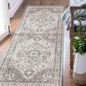 jinchan Runner Rug 2x8 Washable Hallway Rug Indoor Grey Taupe Vintage Kitchen Mat Ultra-Thin Lightweight Accent Non Slip Carpet for Bathroom Laundry Room Bedroom
