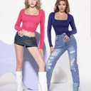 MANGOPOP Women's Square Neck Top Double Lined Short Sleeve Long Sleeve T Shirt Fitted Seamless Tee (Pink, XS)