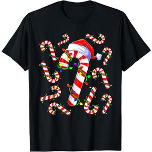 Red and White Christmas Candy Cane Santa Lights Christmas T-Shirt, Size M