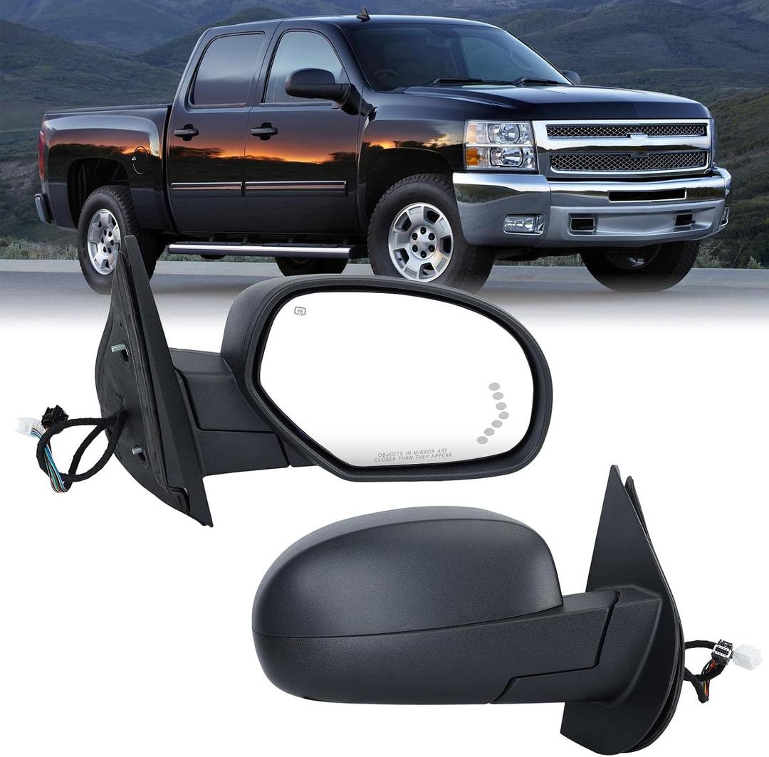 Right Black Power Folding Side Mirror Compatible with 2007-2014 GMC Sierra Yukon/Chevy Avalanche Silverado Suburban Tahoe Heated/with Turn Signal/Puddle Light Passenger Mirrors
