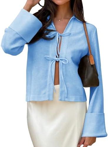 Cicy Bell Womens Going Out Tops Cute Tie Front Tops Bell Long Sleeve Bow Shirts Summer Blouses White Size L