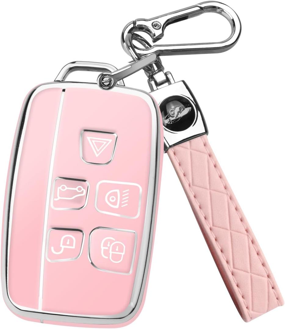 FT FUNTOR for Range Rover Key Fob Cover, Compatible with Land Rover LR4 Range Rover Sport Evoque Jaguar XJ XE XJL XEL XFL F-pace,5 Buttons TPU for Jaguar Key Fob Cover with Silver Edge A-Pink