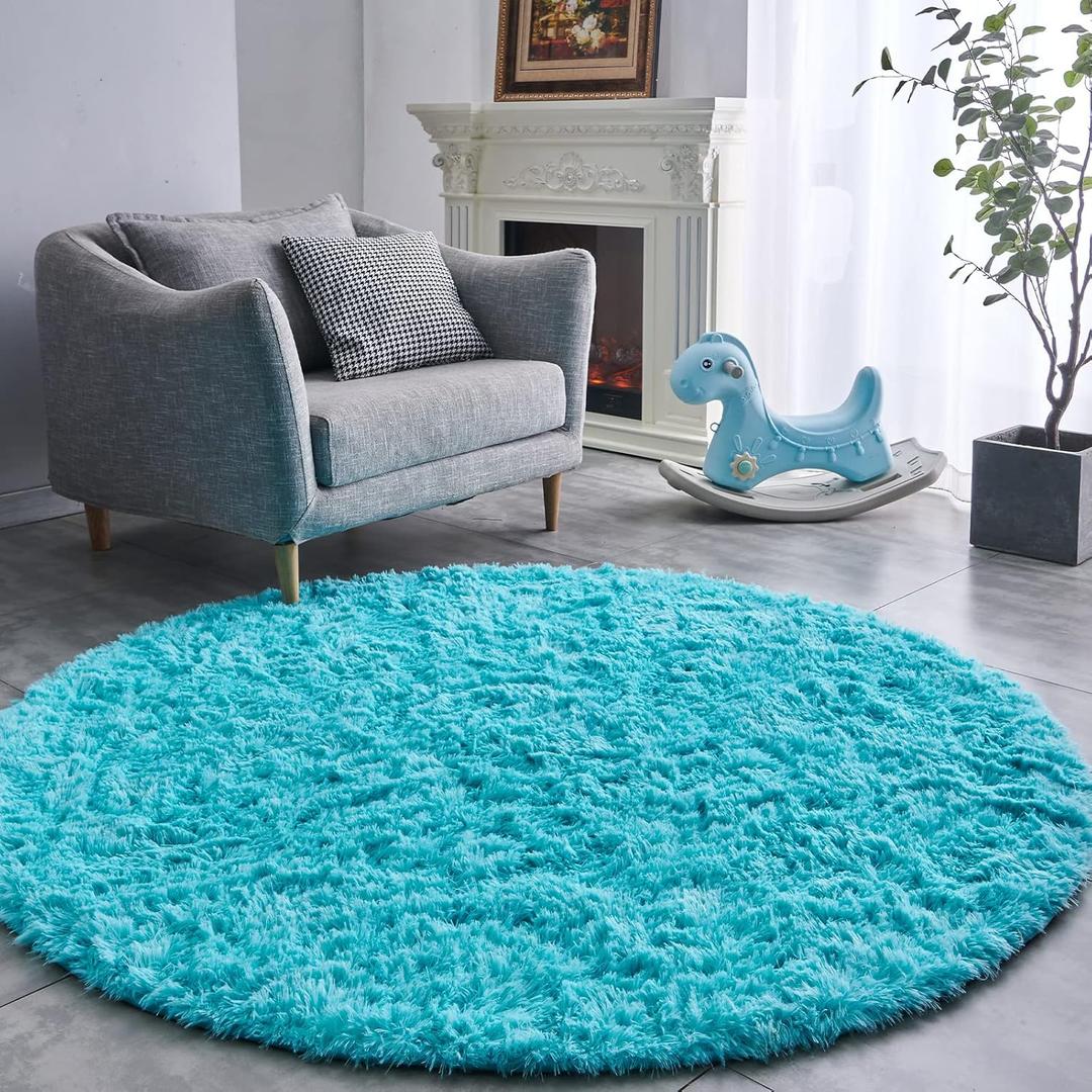 FJZFING Blue Round Rug Ultra-Soft Plush Modern 7x7 Circle Area Rug for Kid's Bedroom, Fluffy Shag Circular Rug for Nursery Room, Non-Slip Home Decor Cute Blue Carpet for Teen's Room (7x7 Feet, Teal Blue)
