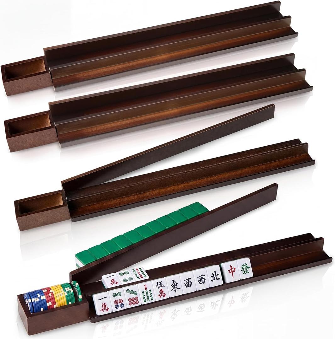 4 Pcs Walnut Wood Mahjong Rack Set with Magnetic Chip Holder, 17.5 inches