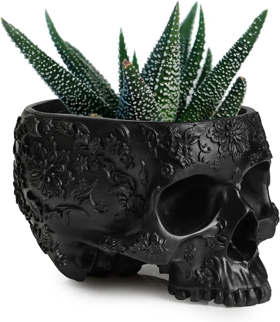 Black Skull Planter Pot 6 Inch Skeleton Head Pot for Succulents Flowers, & Bowl Dish Gothic Decor for Garden Home Parties Haunted House Spooky Black Display Halloween Skull Flower Pot Decoration Gift