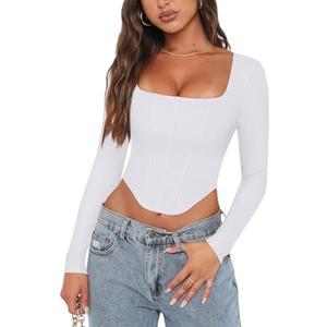 REORIA Womens Trendy Sexy Square Neck Long Sleeve Backless Y2K Going Out Boned Bustier Corset Crop Tops M