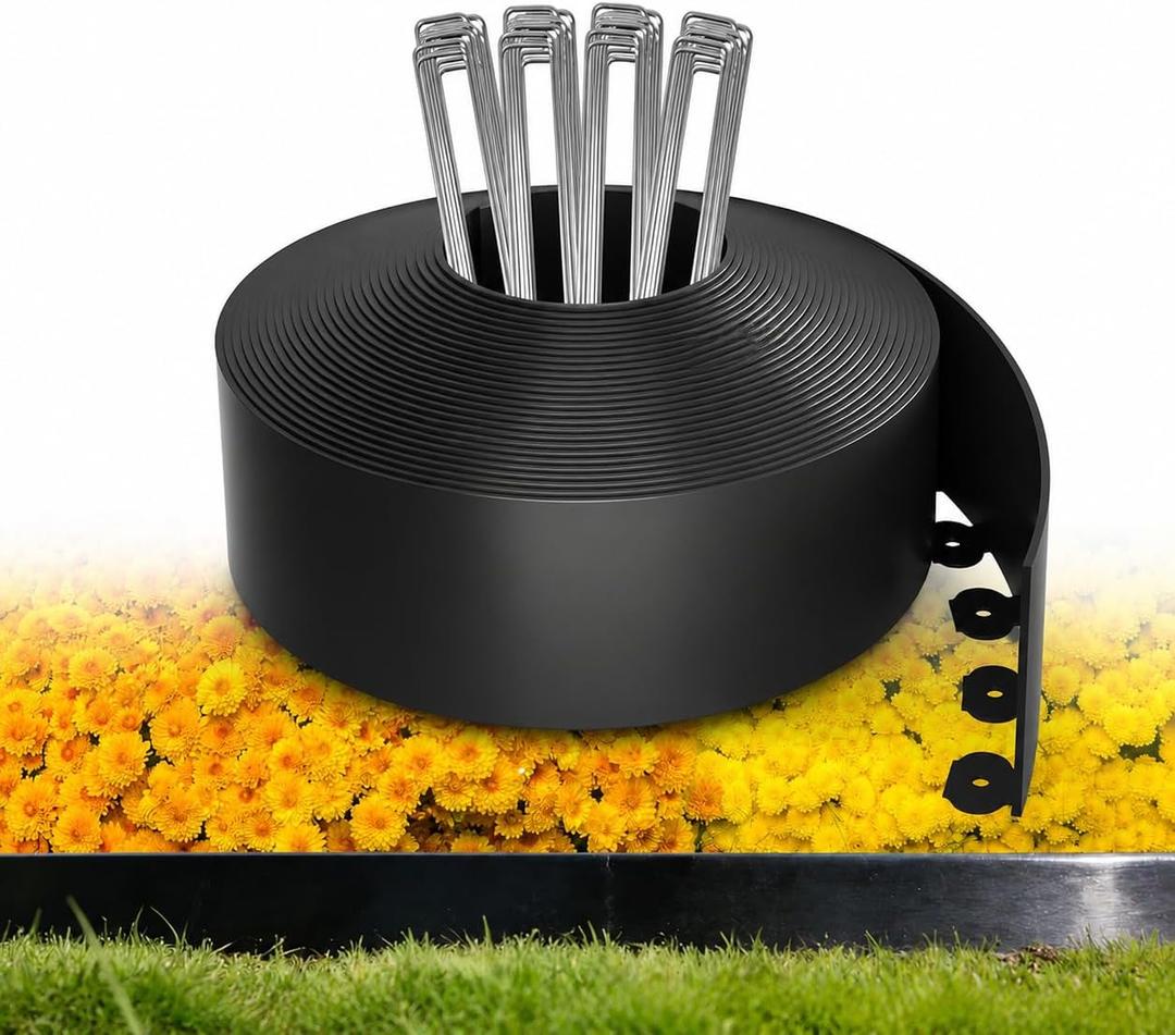 MIXC Garden Edging Border, 100FT 4 Inch Tall Plastic Landscape Edging with 150 U-Shaped Metal Stakes, More Stable and Flexible Tool-Free Lawn Border for Yard, Flower Bed & Landscaping  black, 4 Inch x 100FT
