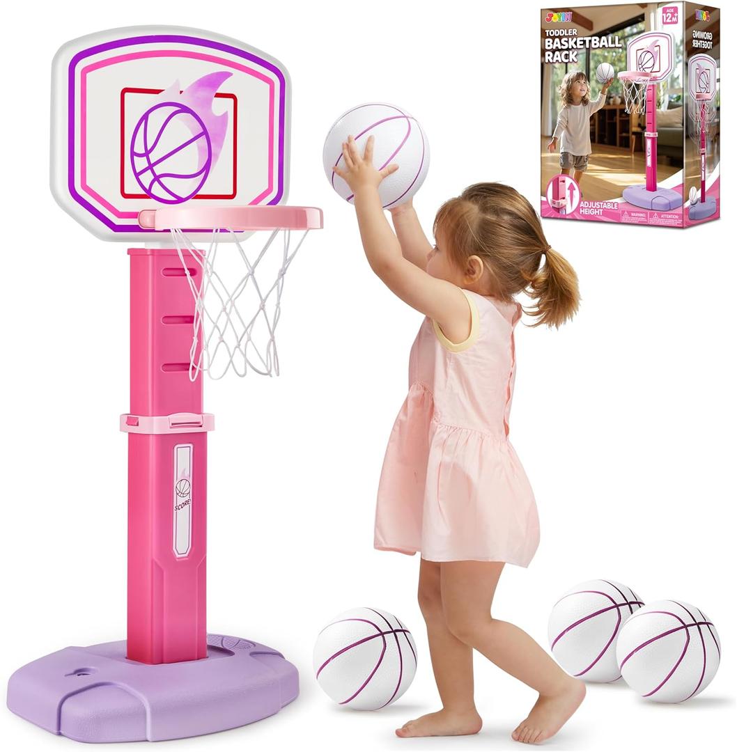 JOYIN Toddler Basketball Hoop, Adjustable Basketball Goal with 4 Balls for Kids Indoor Outdoor Play, Basketball Arcade Game, Christmas Birthday Gift for Boys Girls Age 1 and Up - Air Pump Included (Pink and Purple)