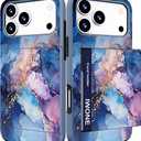 Compatible with iPhone 17 Pro Case with Card Holder Cute Shockproof Drop Protection Phone Wallet Slot Cover Cases for Women - Blue Purple Marble Stone