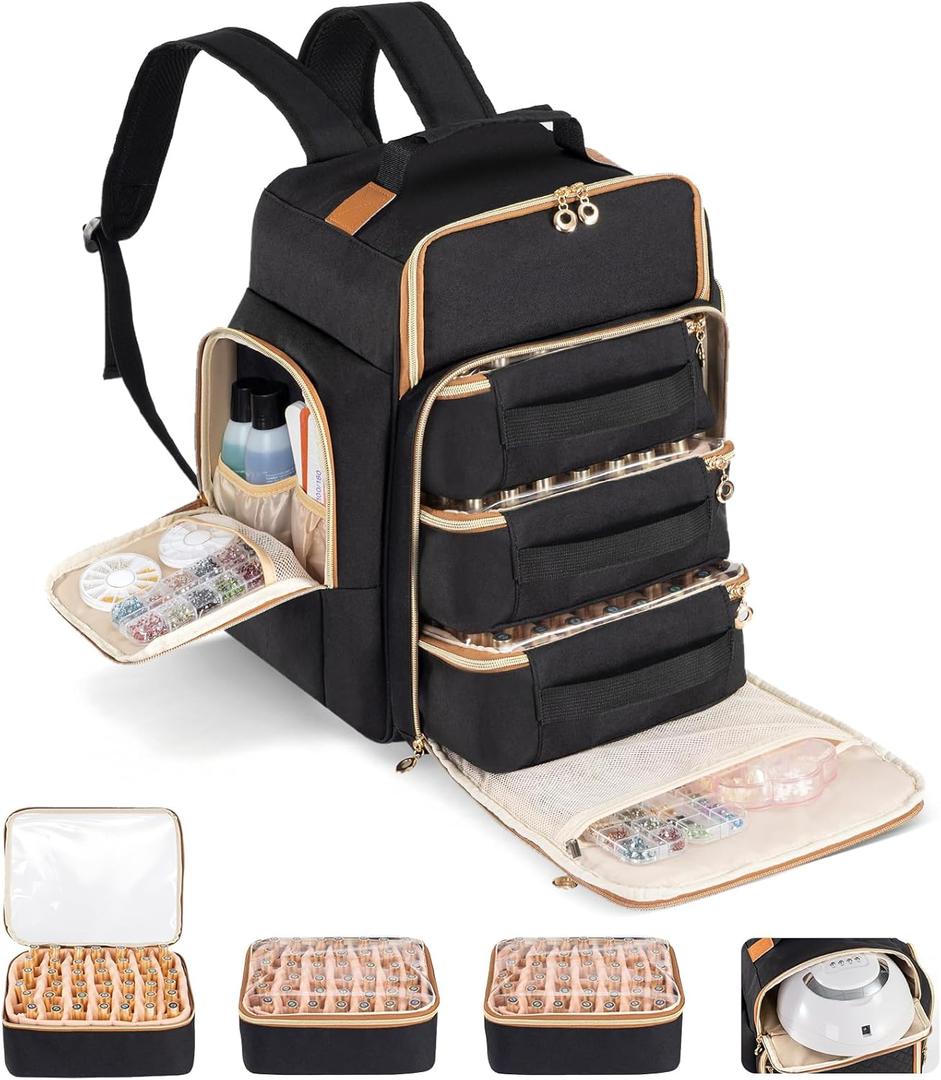 Hautton Nail Polish Organizer Holds 126 Bottles, Extra Large Storage Bag with 3 individual drawers, Professional Sturdy Lamp Supplies Nail Polish Travel Case Gift for Manicurist -Black