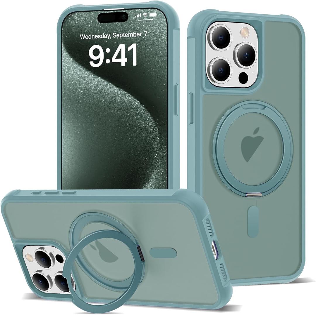 for iPhone 15 Pro Case 6.1 Inches 360Rotatable Magnetic Ring Invisible Stand,[Compatible with Mag-Safe] Military Shockproof Frosted Translucent Case,Cyan