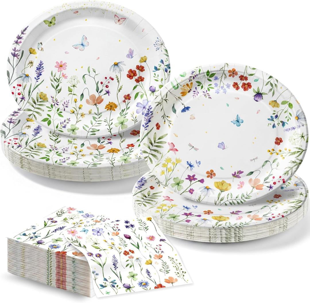 OuMuaMua Large Wildflower Plates and Napkins Party Supplies for 100 Guests,10" x 12" Heavy-Duty Floral Paper Plates Set for Mother's Day,Baby Shower,Birthday,Tea & Garden Party Decor 2 Floral Designs