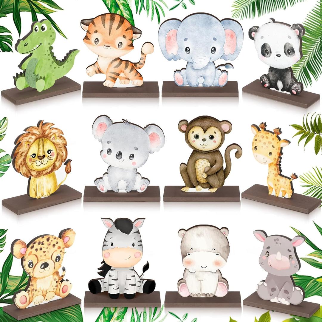 Yaomiao 12 Pcs Safari Jungle Animal Wooden Table Centerpiece Cutout Shapes Forest Painted Baby Shower Decorations Wild Creatures Wood Table Sign for Forest Camp Birthday Party Supplies