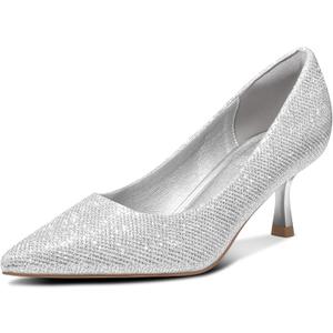 mysoft Kitten Heels for Women Low Heel Pumps 2 Inch Closed Toe Wedding Dress Shoes (8, Silver)