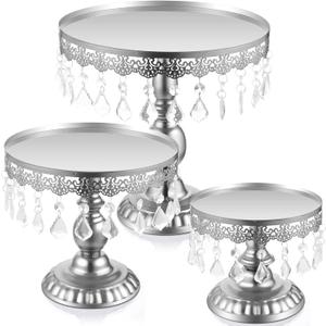 Eaasty 3 Pcs Cake Stand Set Round Cake Stand with Crystal Bling Pendants Dessert Table Display Set for Wedding Event Birthday Party Dessert Table(Sliver)