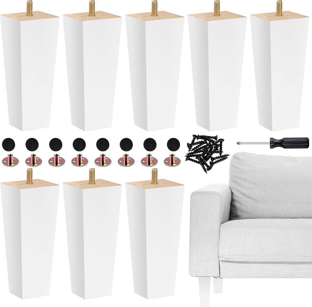 TURSTIN Set of 8 Wood Furniture Legs 6 Inch Square Solid Wood Sofa Legs with M8 T-Nuts Natural Wooden Couch Leg Replacement Leg for Furniture Armchair Bed Dresser Cabinet or DIY Projects, White