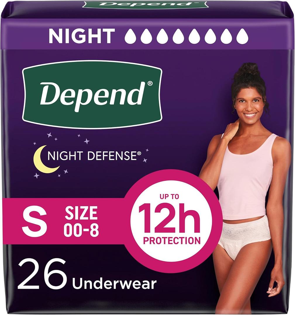 Depend Night Defense Adult Diapers, Incontinence & Postpartum Bladder Leak Underwear for Women, Disposable, Overnight, Small, Blush, 26 Count, Packaging May Vary