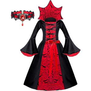 Halloween Vampire Costume for Girls, Royal Costume Set Halloween Dress Up for Girls, Vampire-Themed Party Dress Up Clothes, Cosplay Dress Ages 8-10