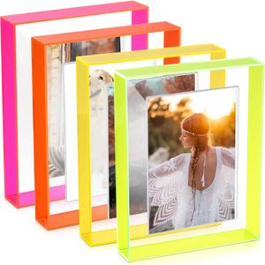 Kathfly 4 Pcs 5x7 Floating Picture Frame Acrylic Frames for Wall Mounted or Tabletop Standing Decorative Magnetic Photo Frames Neon Translucent Hanging Frame, Display Photo up to 7x9 (Trendy Colors)