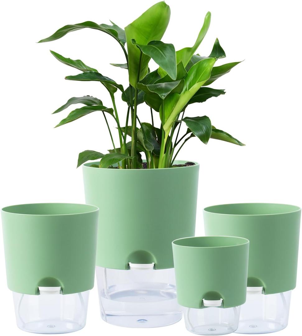 Plant Pots Indoor 4 Packs Self Watering Pots for Indoor Plants 7.4/6.3/6.3/4.9 inchs, African Violet Pots Planter with Visible Reservoir Self Watering Planter for Herb, House Plant Planting (Green)