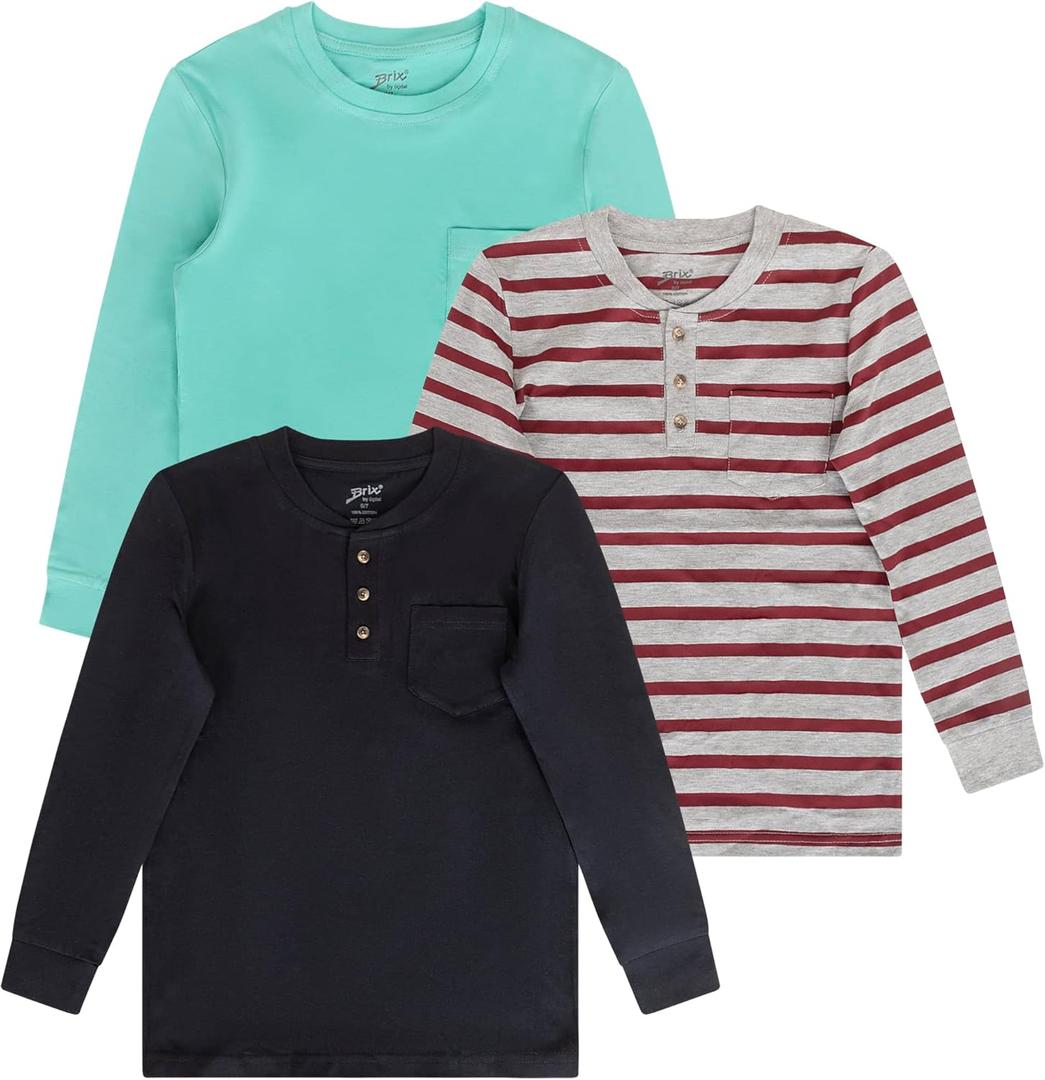 Brix Boys' Long Sleeve Shirts - 3-Pack Tee Shirts Henley Pocket Crewneck T. (12 Years)
