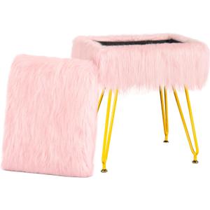 Vanity Stool Chair with Storage, Soft Ottoman Seat Vanity Stool with Anti-Slip Feet, Fluffy Padded Seat Multifunctional Footrest Side Table with 4 Metal Legs for Makeup, Bedroom, Pink (Rectangular-pink/Golden)