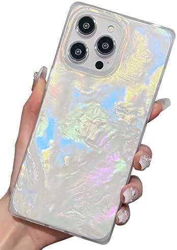 KERZZIL Cute Mother Shell Pearl Compatible with iPhone 14 Pro Max Rectangle Edge Case, Chic Slim Coloful Translucent Soft TPU Silicone Protective Cases Cover