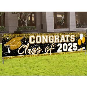 Large Congrats Grad Banner Gold Class of 2026 Banner Backdrop Graduation 2026 Yard Sign for Graduation Party Supplies Graduation Decorations 2026 (Gold)