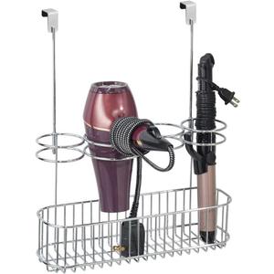 mDesign Metal Over Door Bathroom Hair Care & Styling Tool Organizer Storage Basket for Hair Dryer, Flat Irons, Curling Wands, Hair Straighteners - Hang Inside/Outside Cabinet Doors - Chrome