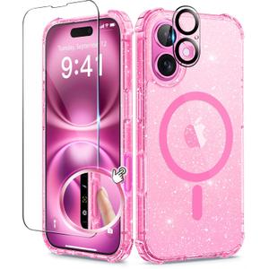 BERFY Compatible with iPhone 16 Plus Case, [Compatible with Magsafe], with 9H Tempered Screen Protector + Camera Lens Protector, Clear Sparkly Hard Phone Case for Women 6.7", Magnetic Hot Pink