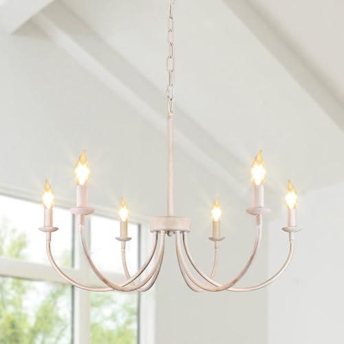 Rviezza French Country Chandelier, 6-Light Antique White Farmhouse Chandelier for Dining Room Lighting Fixtures Hanging, Candle Hanging Pendant Lights for Kitchen Living Room Bedroom Foyer