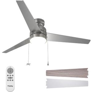 Passky Ceiling Fans with Lights, 52 inch Low Profile Ceiling Fan with Pull Chain and Remote Control, Flush Mount, Reversible, 5CCT, Dimmable, Noiseless, Nickel Pull Cord Ceiling Fan for Bedroom
